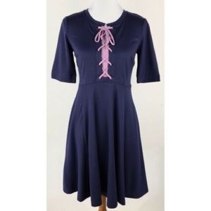NWT MAEVE Anthropologie Navy Blue Purple Lavender Lace Up Fit & Flare Dress